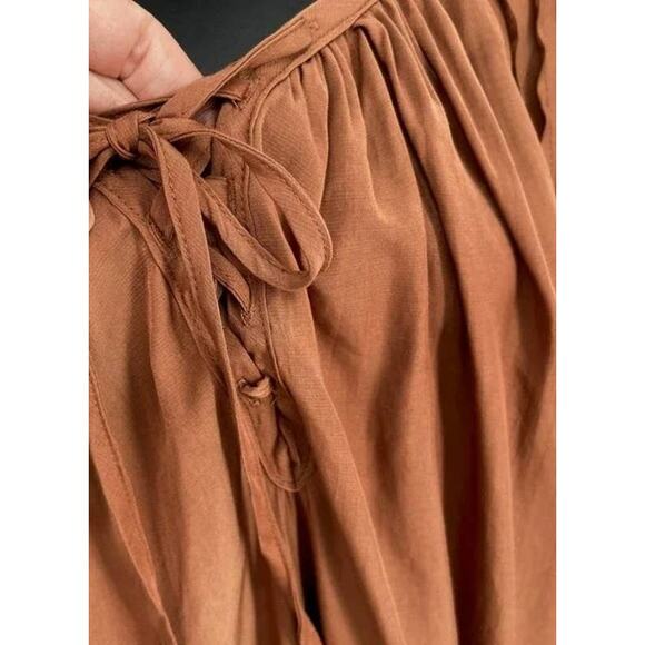 Mustard Seed Peasant Blouse Medium Mocha NEW Lace Up Neckline Pintuck Flowy Boho - Picture 4 of 7